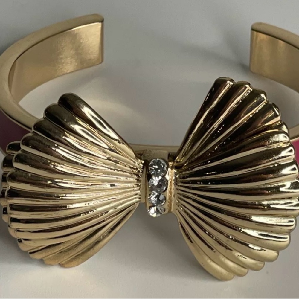 👌 EUC Lilly Pulitzer Pink Enamel Gold Bow Crystal Cuff Bracelet 2" Bow 9”cuff